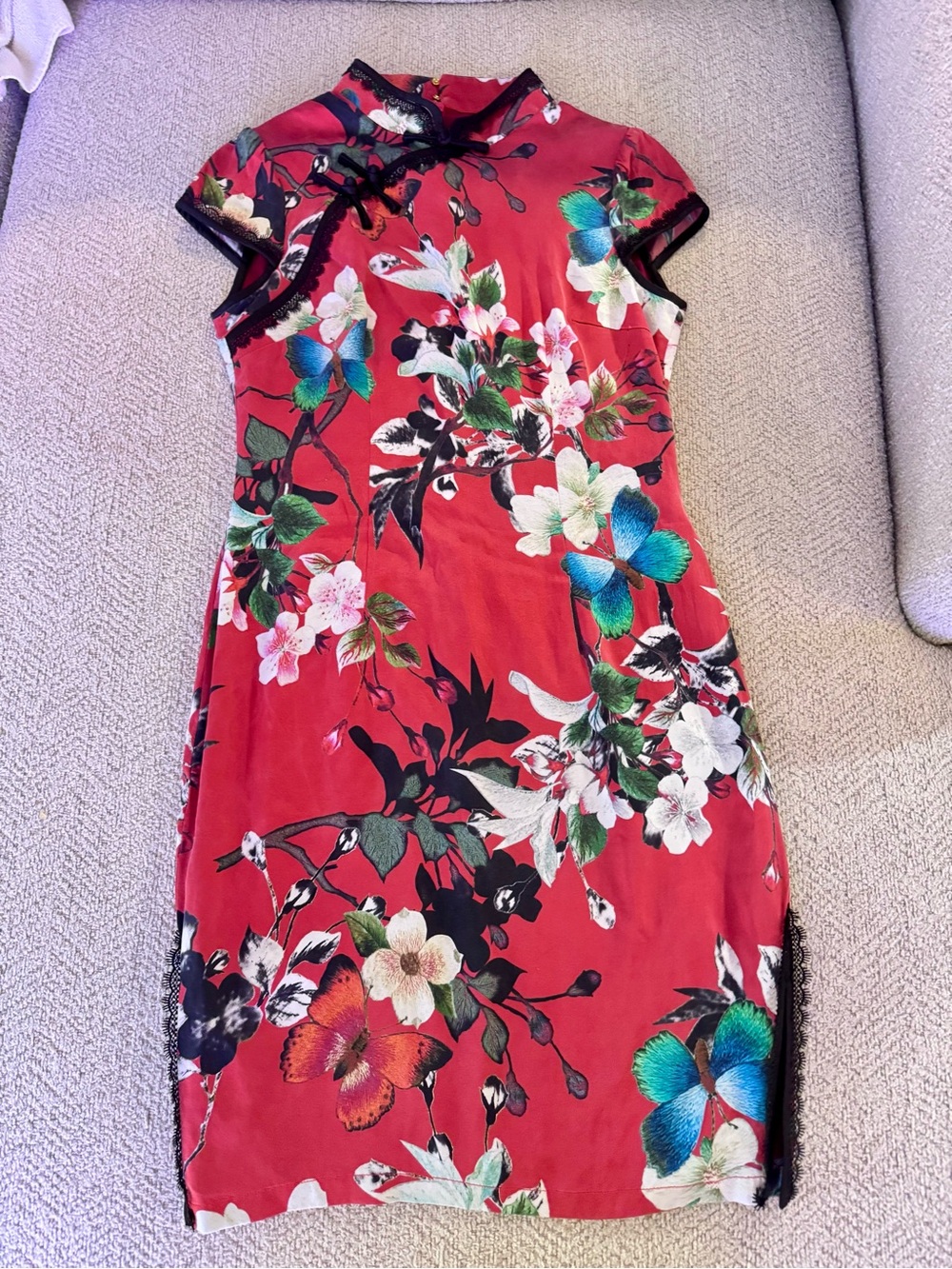 Red Floral Short-Sleeve Cheongsam Dress